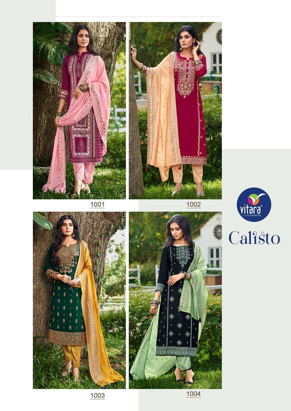 CALISTO HEAVY REYON FOIL PRINT HANDWORK KURTI WITH BOTTOM AND VISCOS CHANDERI DUPATTA BY VITARA FASHION BRAND INDEX
